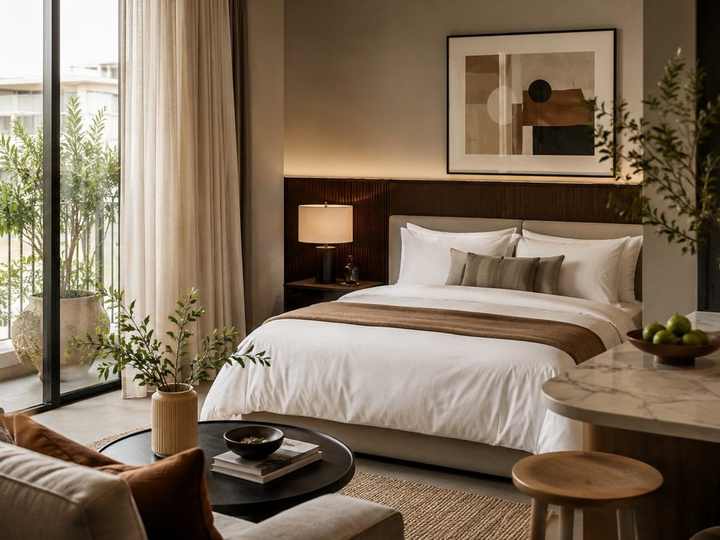 Warm bedroom illustrating the ALLEON Living design direction