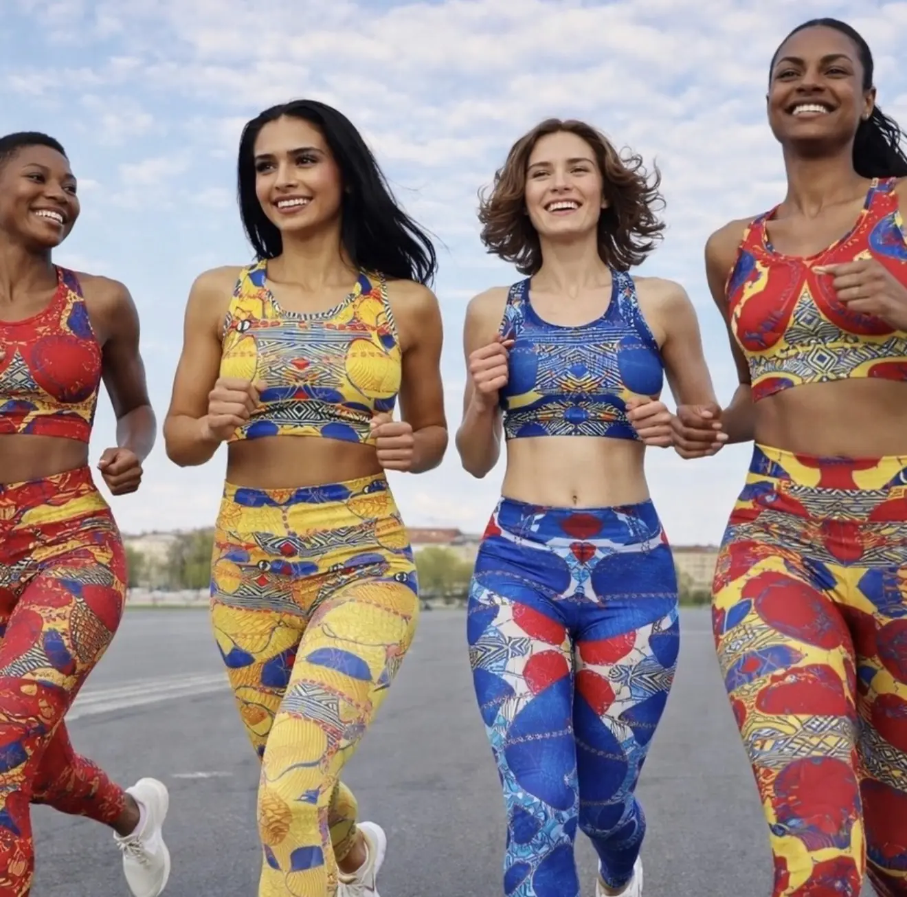 Four athletes running together in colourful ALLEON sportswear