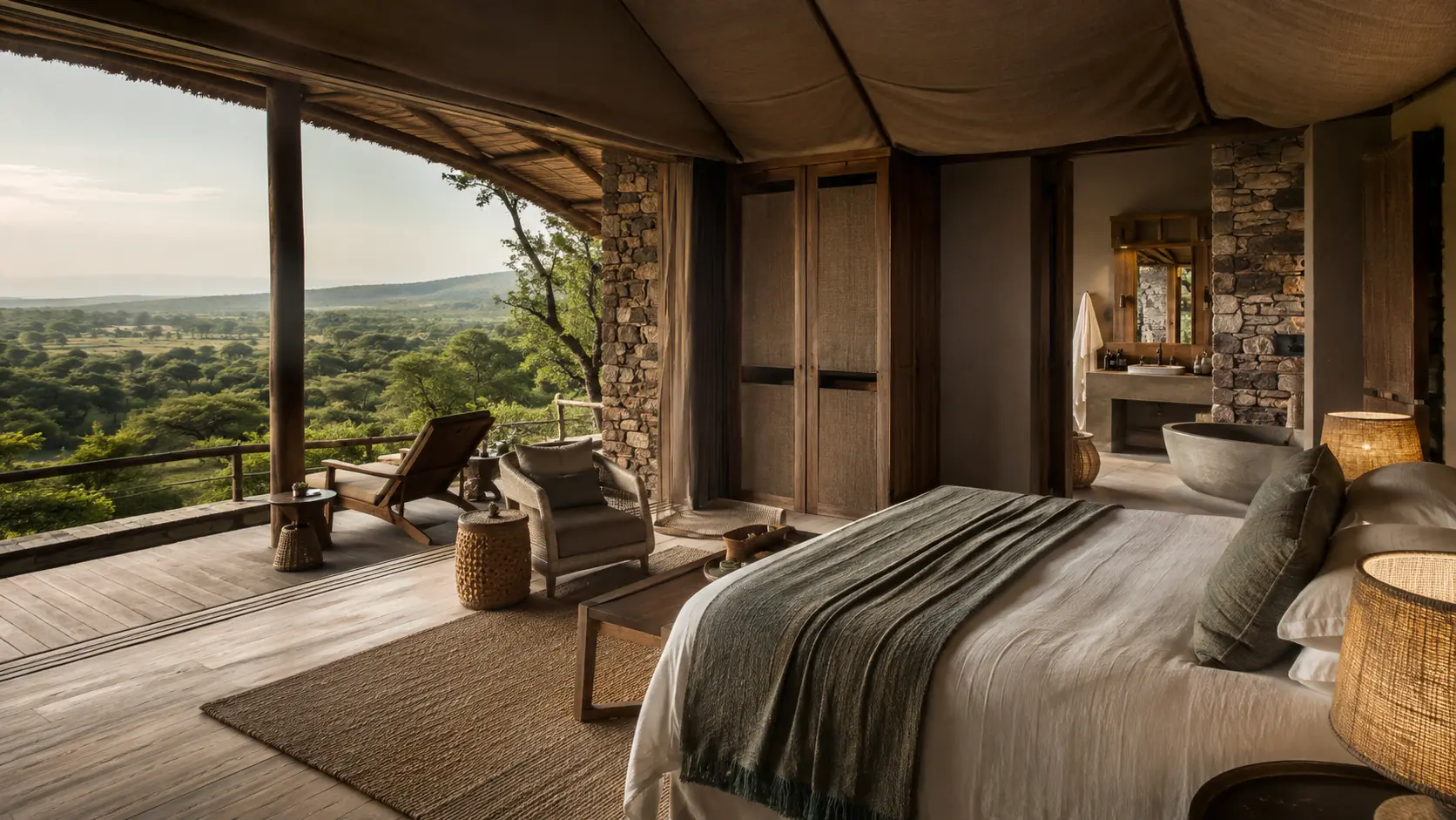 A comfortable lodge suite opening toward the Kenyan landscape